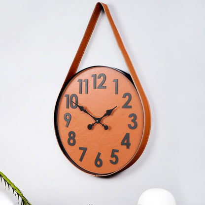 wc3 Leather & Metal Wall Clock In Brown