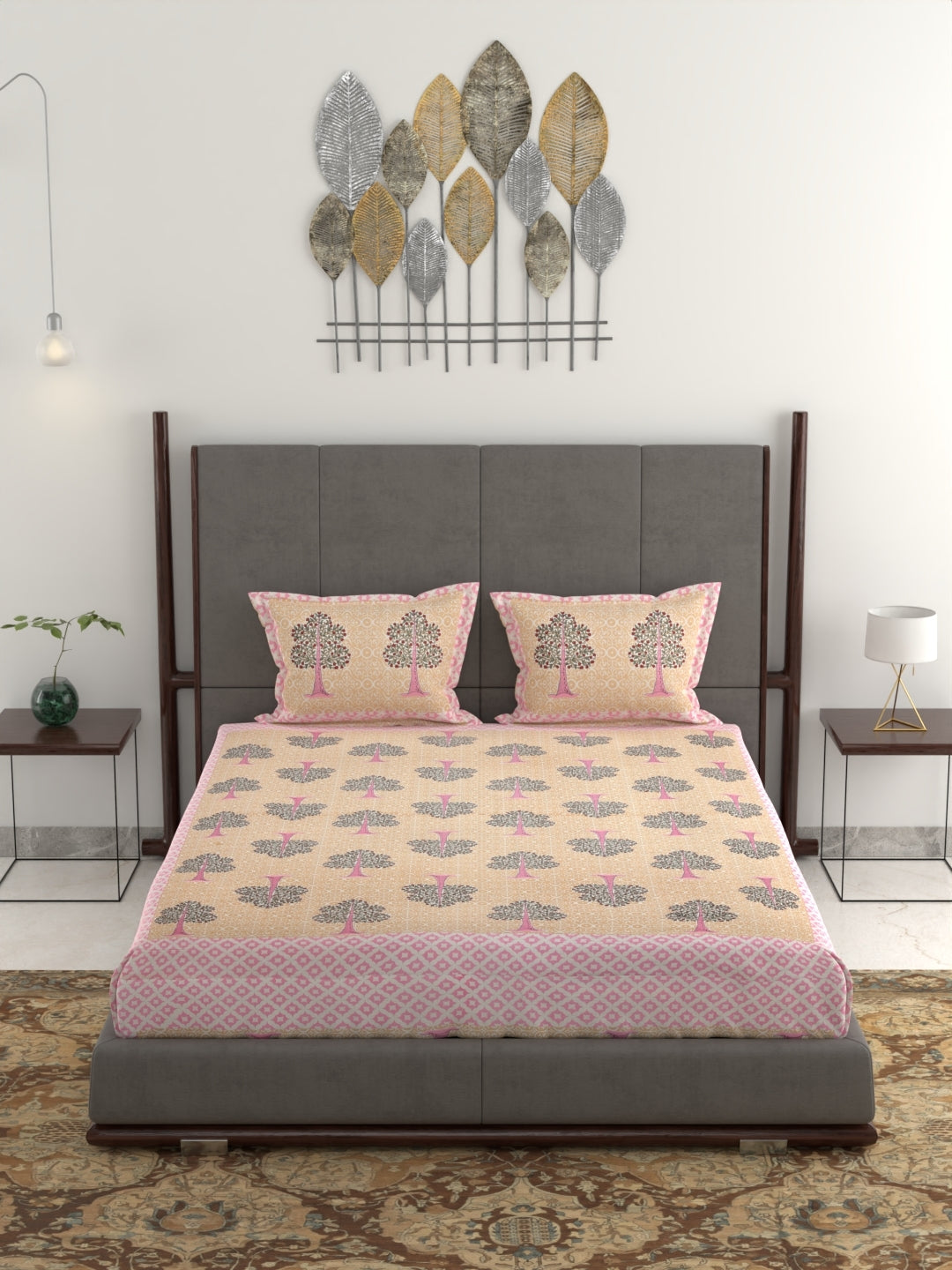 pp705 100% Pure Organic Cotton Fabric Jaipuri Hand Block Printed Jumbo King Size Double Bedsheet with 2 Pillow Covers, 240 TC II