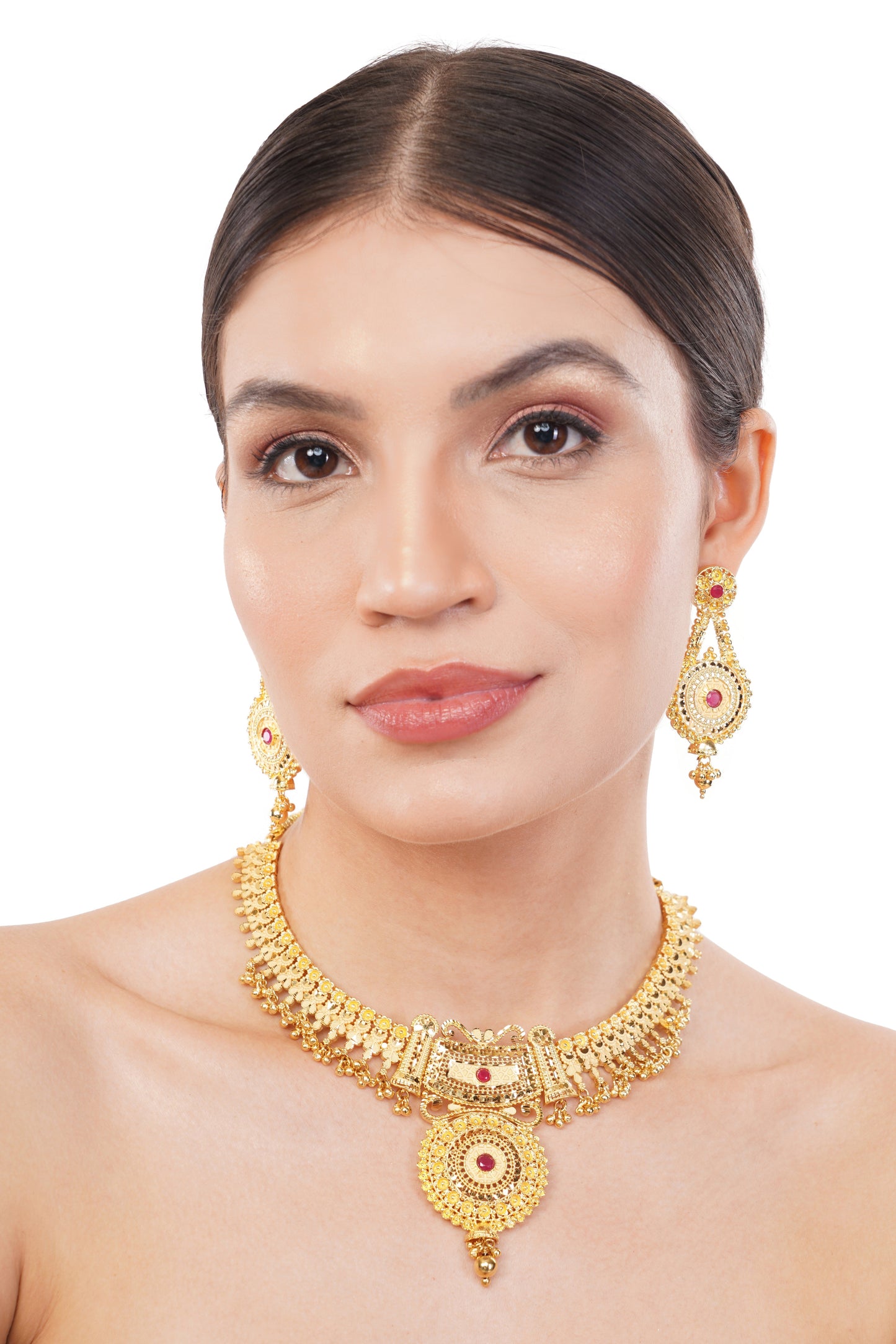 01 Elegant 1Gm Gold Necklace and Earring Set with Ruby Accents