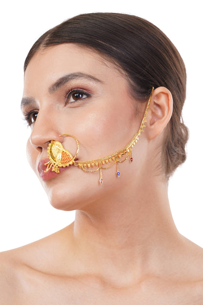 020 1Gm Gold Nose Ring with Long Chain