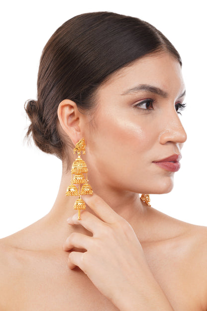 033 Gold-Plated 1Gm Triple Jhumka Drop Earrings