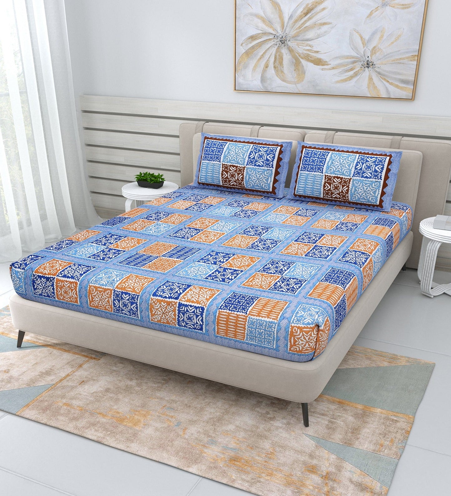 pp641 100% Cotton Bedsheet for Double Bed Queen Size with Pillow Cover Set, 220 TC