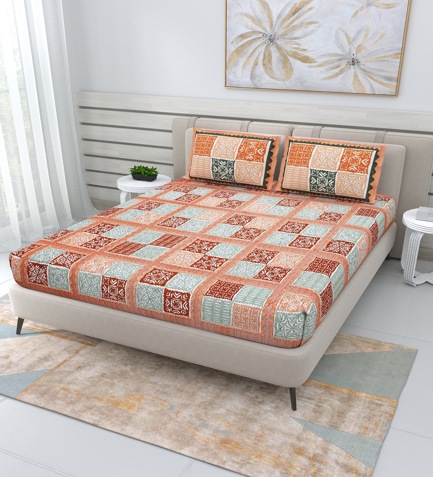 pp641 100% Cotton Bedsheet for Double Bed Queen Size with Pillow Cover Set, 220 TC