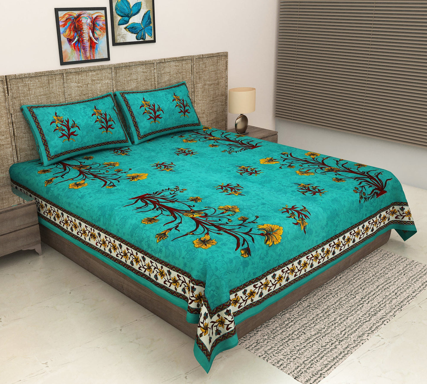 wm505 100% Pure Organic Cotton Fabric Hand Block Printed King Size Double Bedsheet with 2 Pillow Covers, 340 TC II