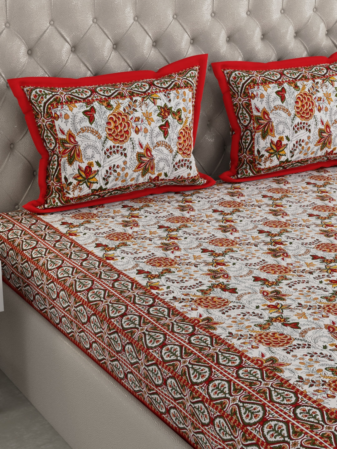 wm514 100% Pure Organic Cotton Fabric Hand Block Printed King Size Double Bedsheet with 2 Pillow Covers, 340 TC II