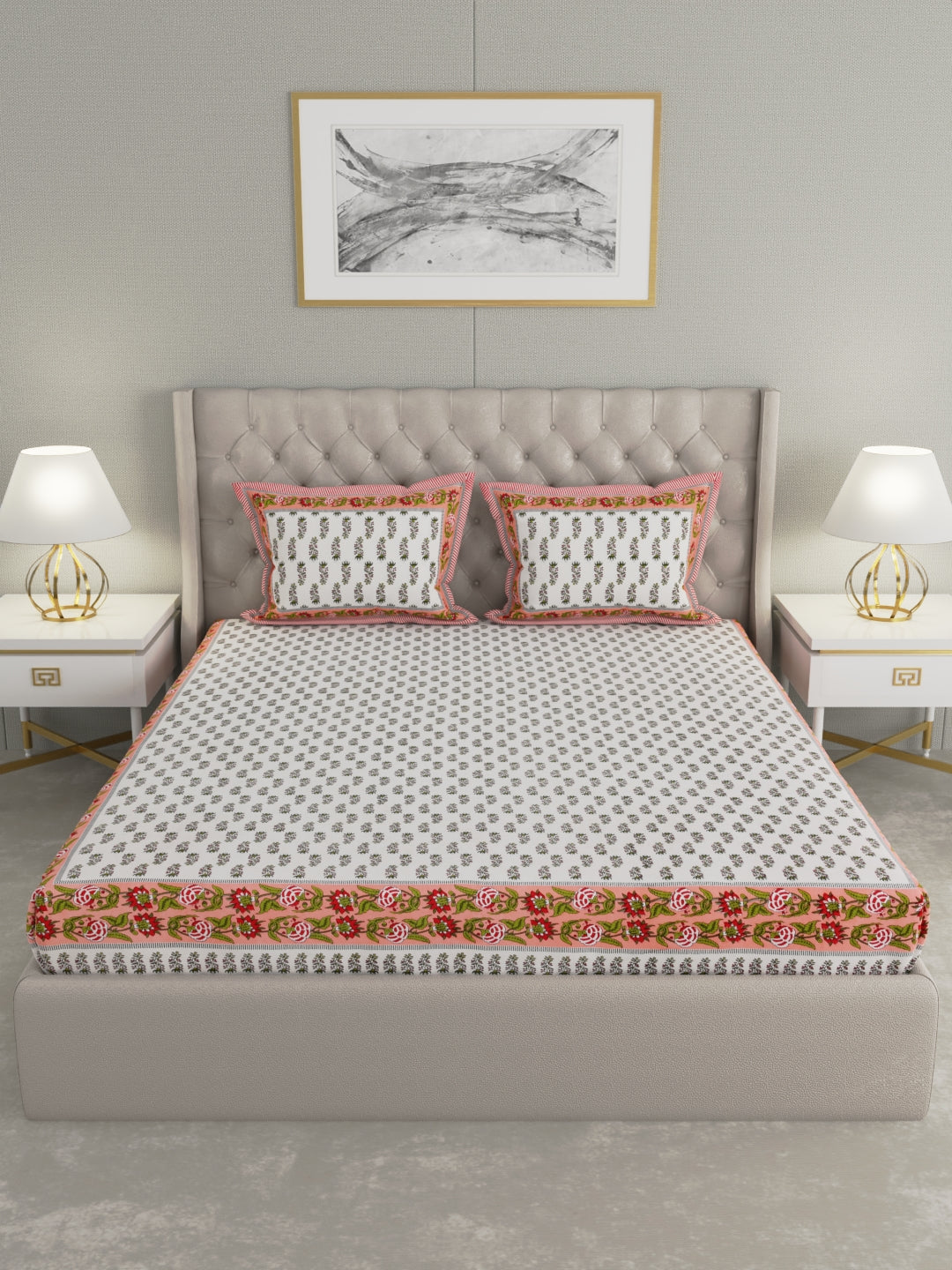 wm521 100% Pure Organic Cotton Fabric Hand Block Printed King Size Double Bedsheet with 2 Pillow Covers, 340 TC II