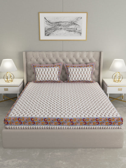 wm523 100% Pure Organic Cotton Fabric Hand Block Printed King Size Double Bedsheet with 2 Pillow Covers, 340 TC II